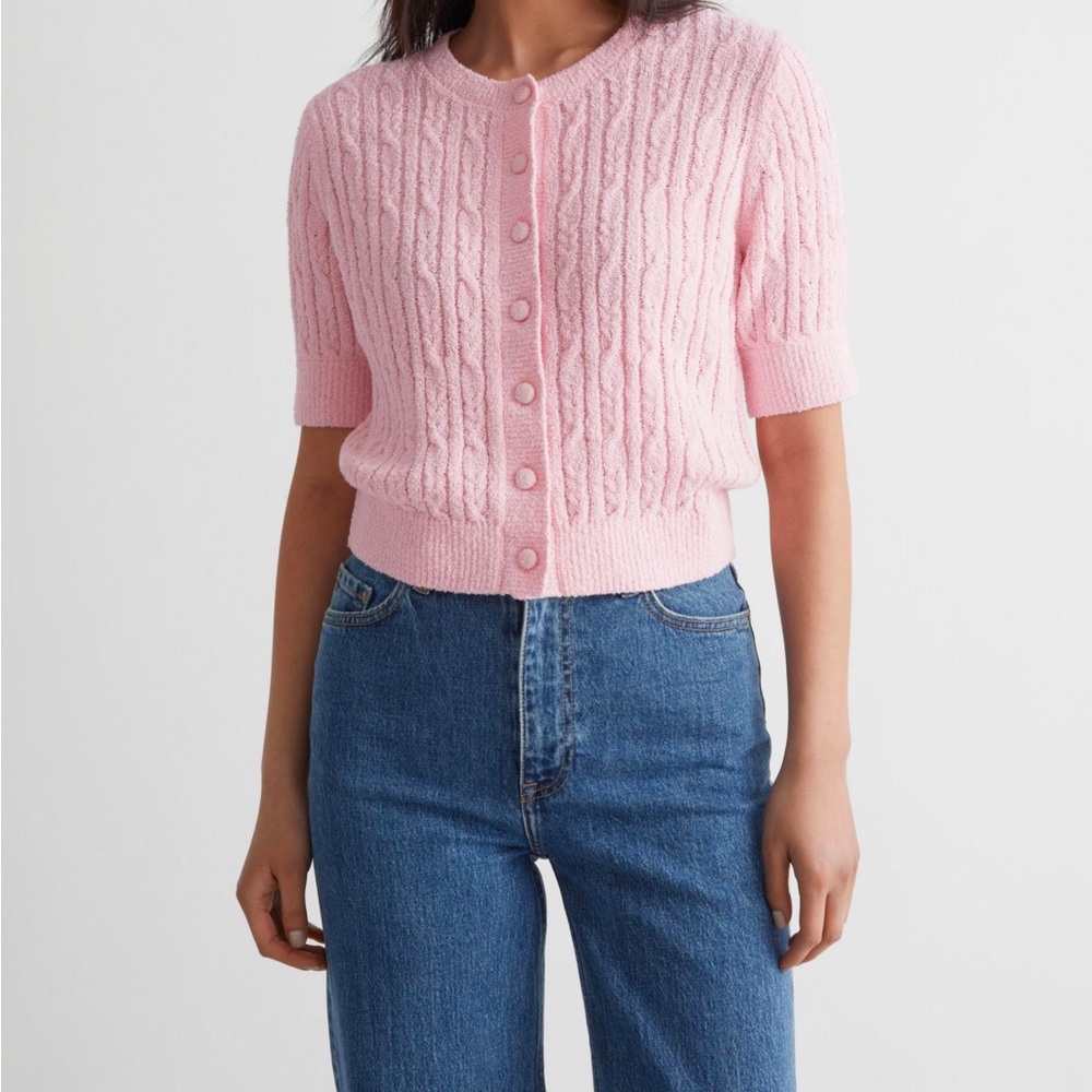 & other stories sweater | cable knit cardigan pink